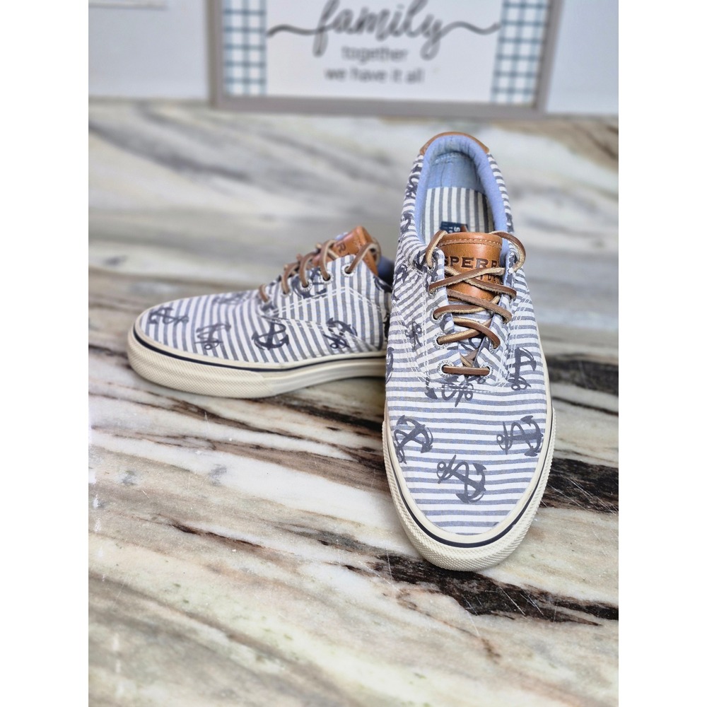 Sperry‎ Top-Sider Bahama Mens 9M Blue White Striped Anchor Boat Shoe Sneakers